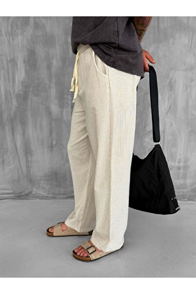 ablukaonline Men's Elastic Waist Striped Baggy Fit Trousers Beige