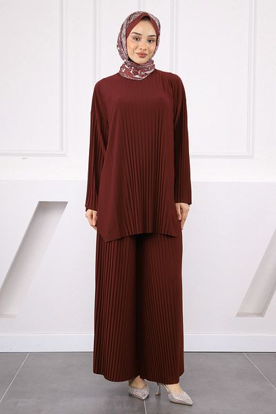İmajButik Комплект панталони с плисирана туника в кестеняво червено