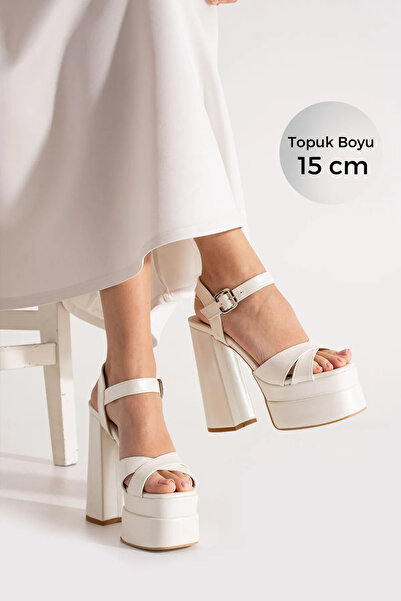 Ymn ayakkabı Kadın Deri Yüksek Kalın Topuklu Çift Kat Platformlu Bilekten Tokalı Gelin & Abiye Ayakkabı