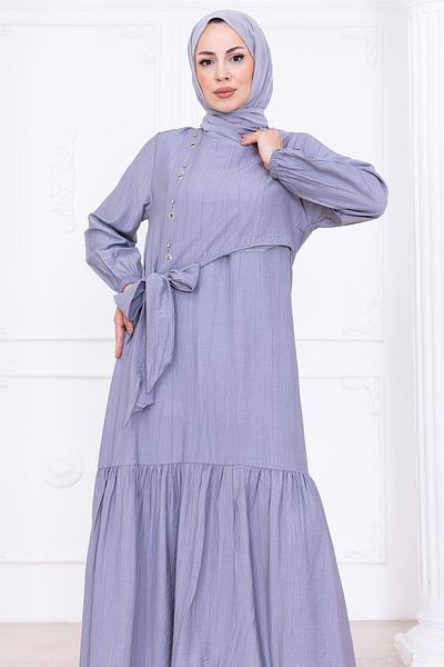 hafsamina Front Stone Detailed Side Tie Hijab Dress Gray Hm2760