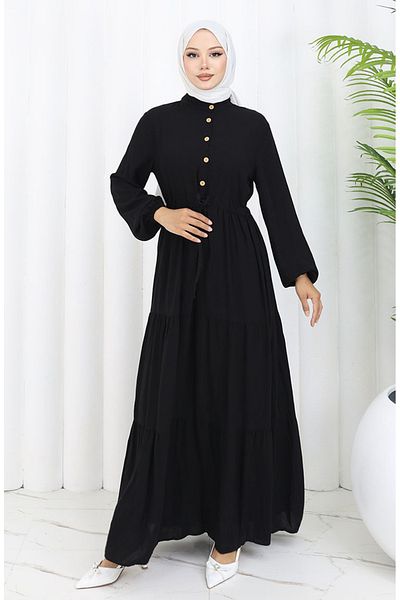 sefamerve Viscose fabric half button dress 0085-01 black