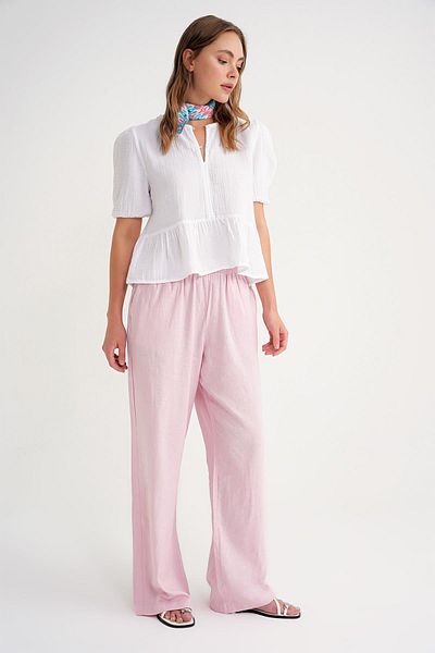 Mixray 4713 Women's Gathered Waist Sleeve Elastic Loose Muslin Blouse White