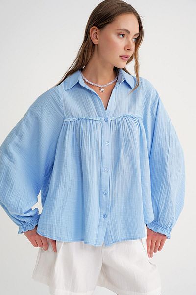 Mixray 4677 Women's Lace Detailed Muslin Shirt Baby Blue