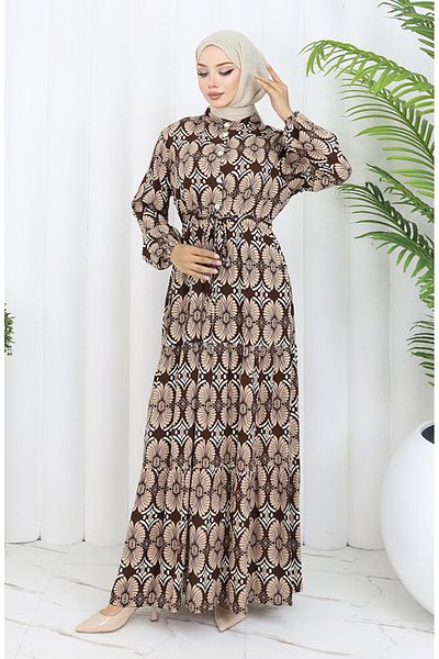sefamerve Viscose Fabric Button Patterned Dress 2053-03 Brown Mink