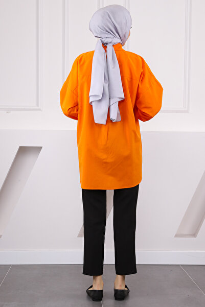 İmajButik Orange Pocket Sequin Embroidered Oversize Shirt