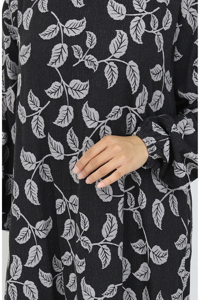 sefamerve Kolu lastikli Desenli Elbise 2055-04 Siyah