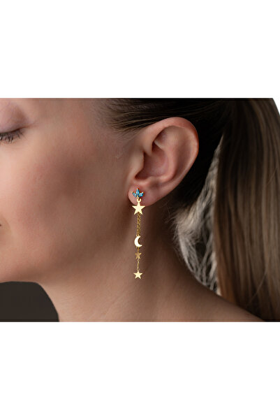 Papatya Silver 925 Ayar Yıldız Figürlü Ay Yıldız Sallantılı Doğum Taşlı Küpe