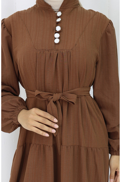sefamerve Button Detailed Gathered Dress 2065-03 Brown