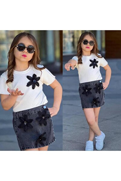RAPAPA Girls' Floral Patterned T-Shirt & Denim Skirt Set - Summer Combination 2526B