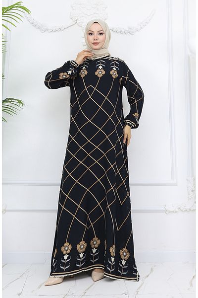 sefamerve Viscose Fabric Sleeve Elastic Dress 0030-03 Black Mink