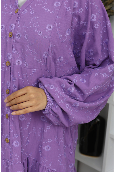 sefamerve Nakış İşlemeli Yarım Düğmeli Elbise 0059-02 Lila