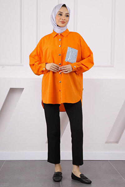 İmajButik Orange Pocket Sequin Embroidered Oversize Shirt