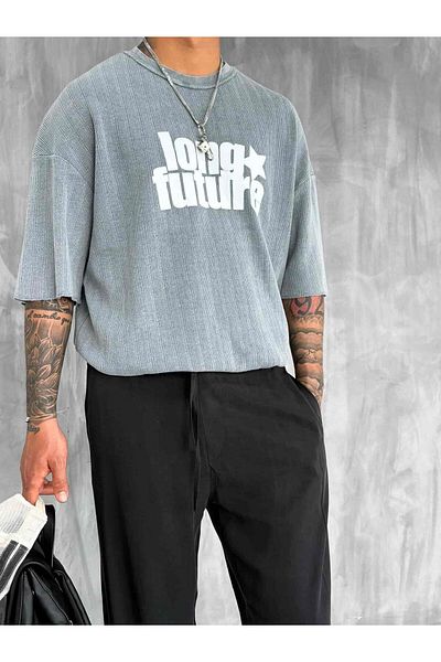 ablukaonline Men's Washed Rib Fabric Oversize T-Shirt Gray