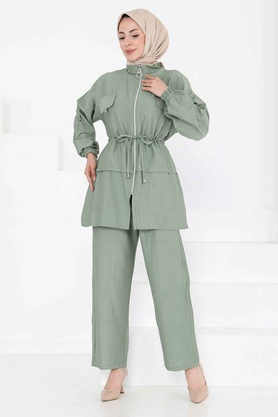 TOFİSA Tie Waist Double Suit Green - 27181