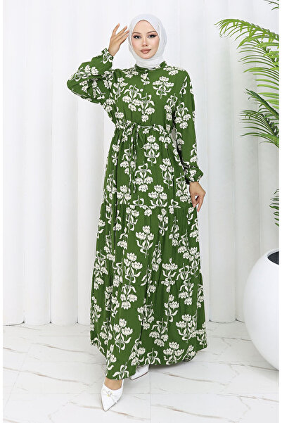 sefamerve Half Button Patterned Dress 2052-03 Khaki