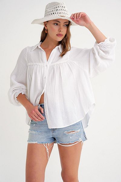 Mixray 4677 Women's Lace Detailed Muslin Shirt White