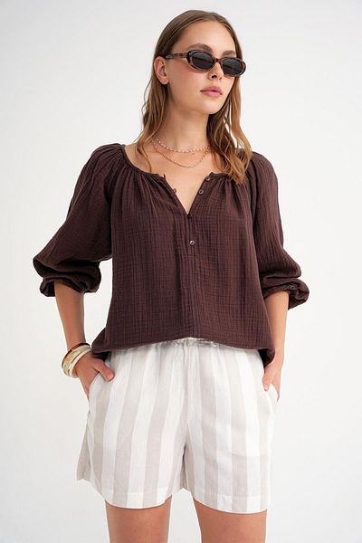Mixray 4707 Women's Gathered Collar Sleeve Elastic Loose Muslin Blouse Brown