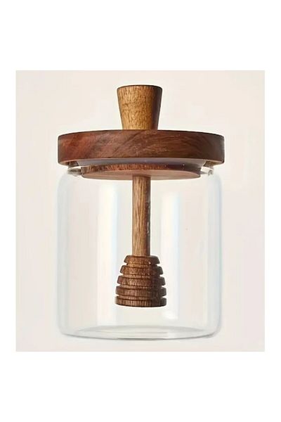 SyaMAG Glass Jar for Honey, Syamag, with Wooden Lid and Attached Spoon, 450 ml