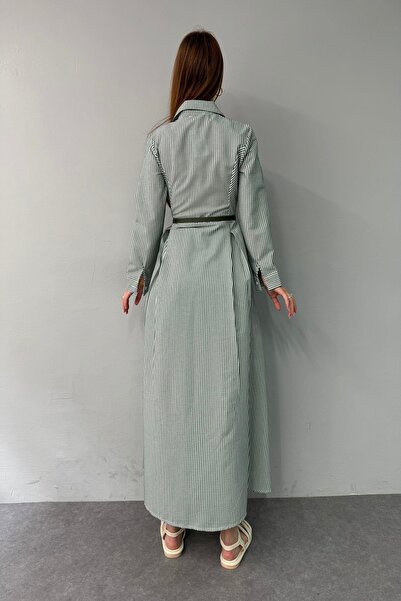 lizge giyim ETEĞİ PİLELİ ÇİZGİLİ KEMERLİ ELBİSE