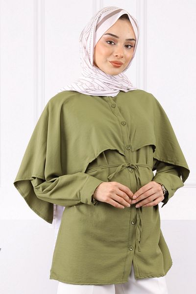 İmajButik Πουκάμισο με λαιμόκοψη με λεπτομέρεια από χακί μανδύα