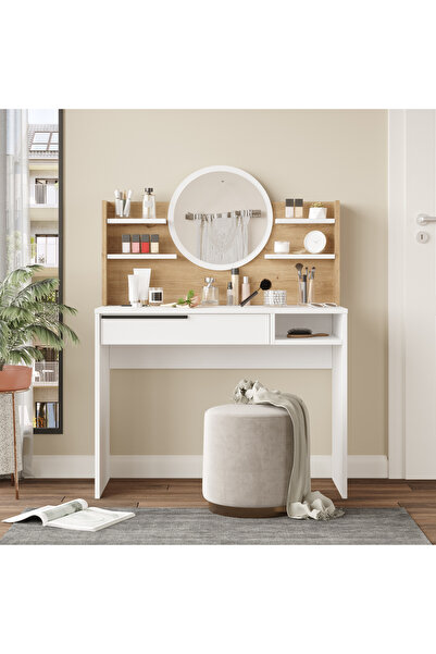 L'occi Concept Leena Makyaj Masası Aynalı Raflı Çekmeceli Sepet-Beyaz LA28-SW