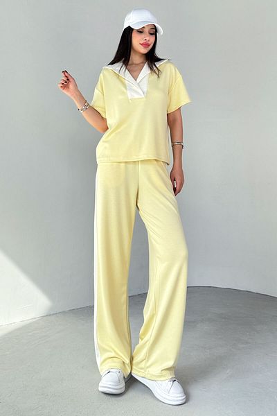 Cappmoda Tkm-03692 Yellow Patched Collar Blouse Garnished Trousers Double Suit