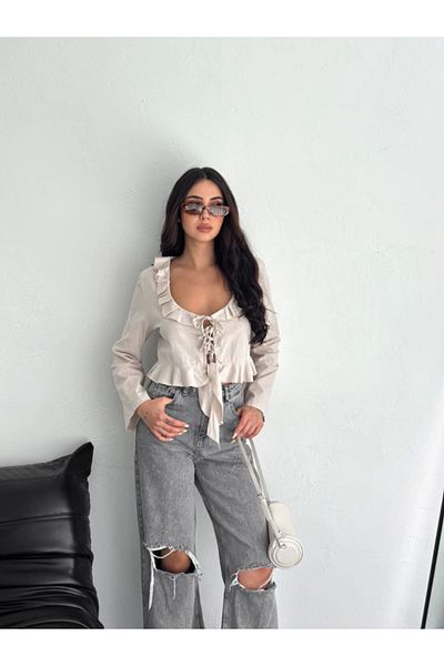 gelirr Linen Long Sleeve Blouse with Lace Detail - Beige