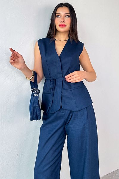 Cappmoda Tkm-13312 Navy Blue Lacing Detailed Lined Vest & Palazzo Trousers Linen Double Suit