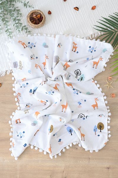 Sitilin Girl Boy Baby Double Layer Pompom Muslin Swaddle Blanket Stl7011