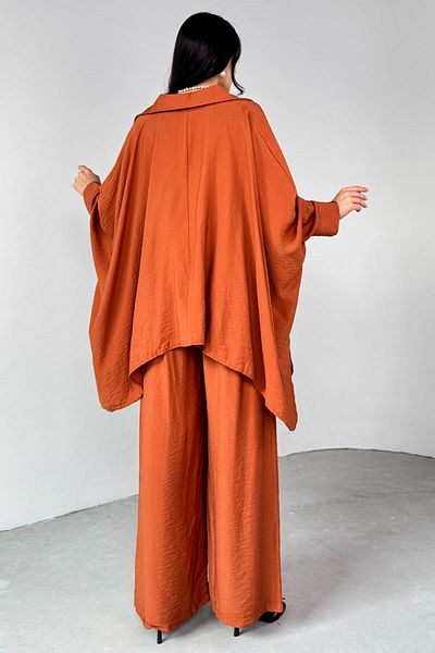 Cappmoda Tkm-13286 Tile Shirt Collar Pocket Bat Sleeve Blouse Wide Leg Loose Pants Two-Piece Suit