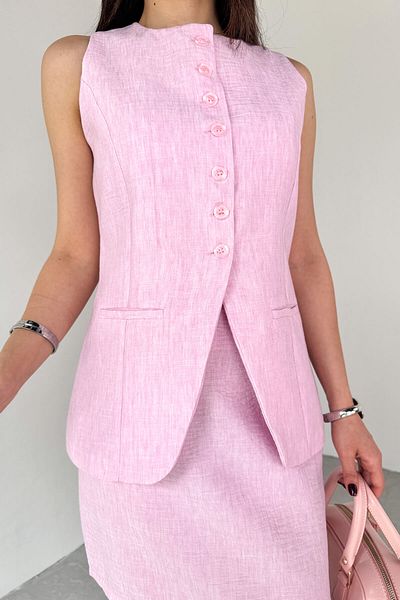 Cappmoda Tkm-13313 Powder Modern Fit Buttoned Vest & Zipper Detailed Mini Skirt Linen Double Suit