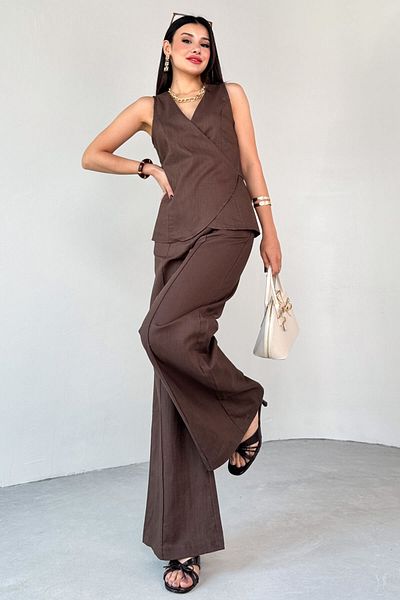 Cappmoda Tkm-13310 Brown Tie-Up Double Breasted Collar Blouse & Loose Trousers Linen Double Set