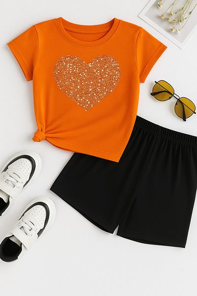 DUBU BUTİK Heart Cotton Kids Set - Orange T-shirt & Black Shorts - Printed Girls Boys Summer Crew Neck