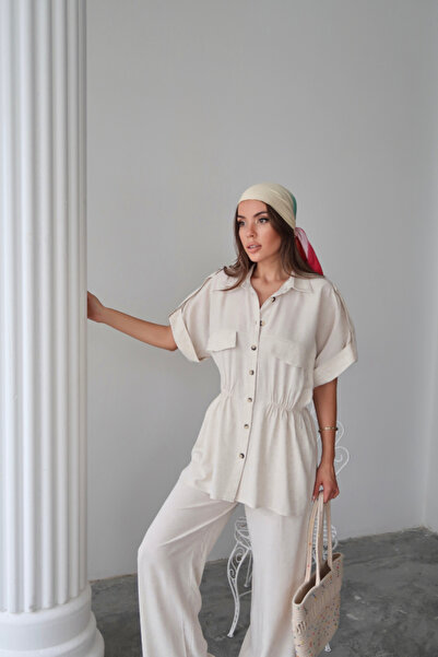Asil Acar Home Linen Waist Tie-Up Detail Shirt - Pants Suit - Stone