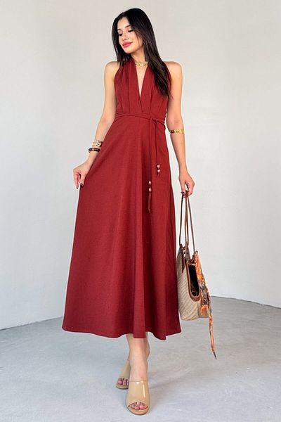 Cappmoda Elb-01787 Tile Back Low-Cut Thin Belt Detail Linen Summer Dress