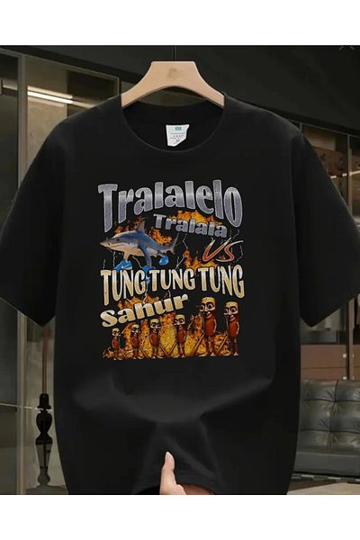 1blood Μαύρο Tung Tung Tung Sahur vs Tralalero Tralala με στάμπα Unisex Oversize T-shirt