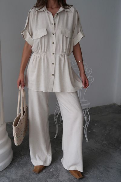 Modayakamoz Linen Waist Tie-Up Detail Shirt - Pants Suit - Stone