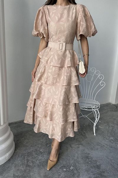 modaserdem Beige Layered Balloon Sleeve Belted Dress