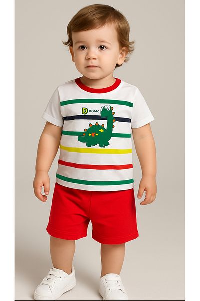 MİNYON BABY Dinosaur Pattern Printed Cotton Men's Casual Shorts Set
