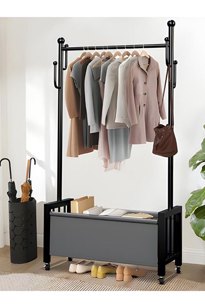 Generic Clothes hanger with bottom basket, black leather