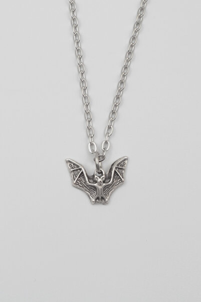Bu Farklı Minimalist Gotik Yarasa Kolye - Düz Ezme İthal Zincirli Unisex Gümü...