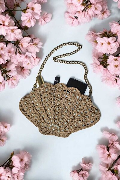 Örgü Sanatı İnci İşlemeli Kağıt Ip Astarlı Midye Çanta