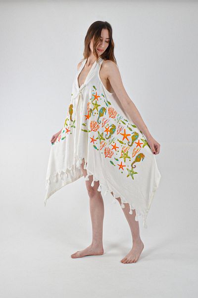 CASPARA Sea Horse Pattern Bell Vest I Cotton Orange Viscon Fabric I Beach Clothing Pareo Beachwear