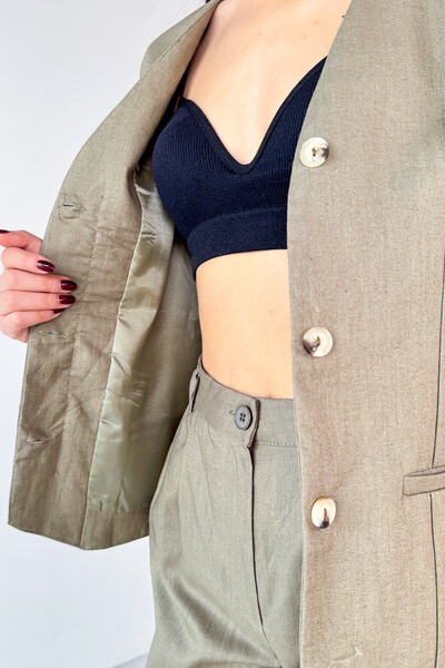 Cappmoda Tkm-13312 Khaki Lined Vest & Palazzo Trousers Linen Double Set with Lacing Detail