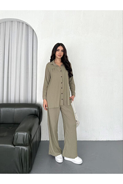 Genel Markalar eyesof Yakalı Düğmeli Uzun Kollu Gömlek Pantolon Ikili Takım - Bej