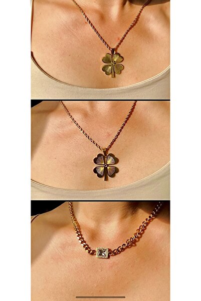 Vamos Jewelry 316 L Çelik Kararmaz Gold Renk Yonca Model Kolye