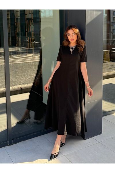 İpeksi Silky Women's Short Sleeve Crew Neck Maxi Length Imported Crepe Dress