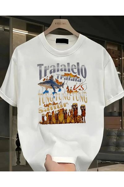 1blood Λευκό Tung Tung Tung Sahur vs Tralalero Tralala με στάμπα Unisex Oversize T-shirt