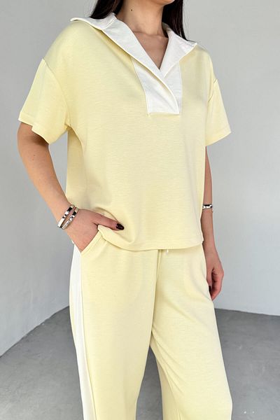 Cappmoda Tkm-03692 Yellow Patched Collar Blouse Garnished Trousers Double Suit