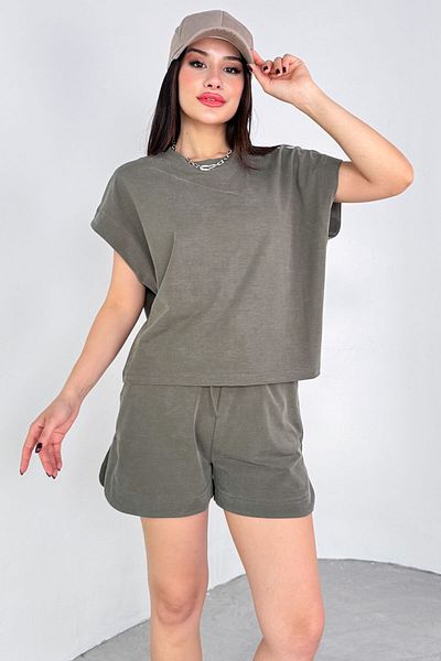 Cappmoda Tkm-13311 Khaki Bat Sleeve T-Shirt & Slit Detailed Shorts Modal Fabric Two-Piece Set
